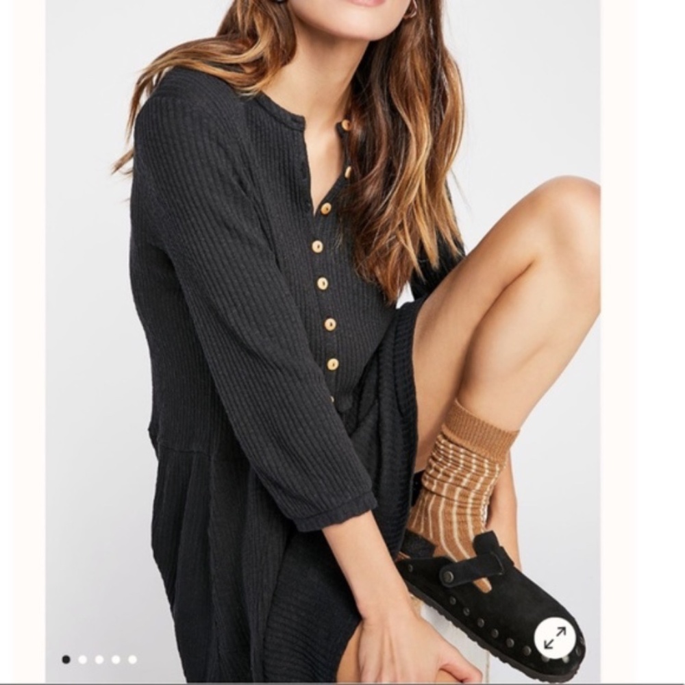 Free People Black Ribbed Button-Front Dress